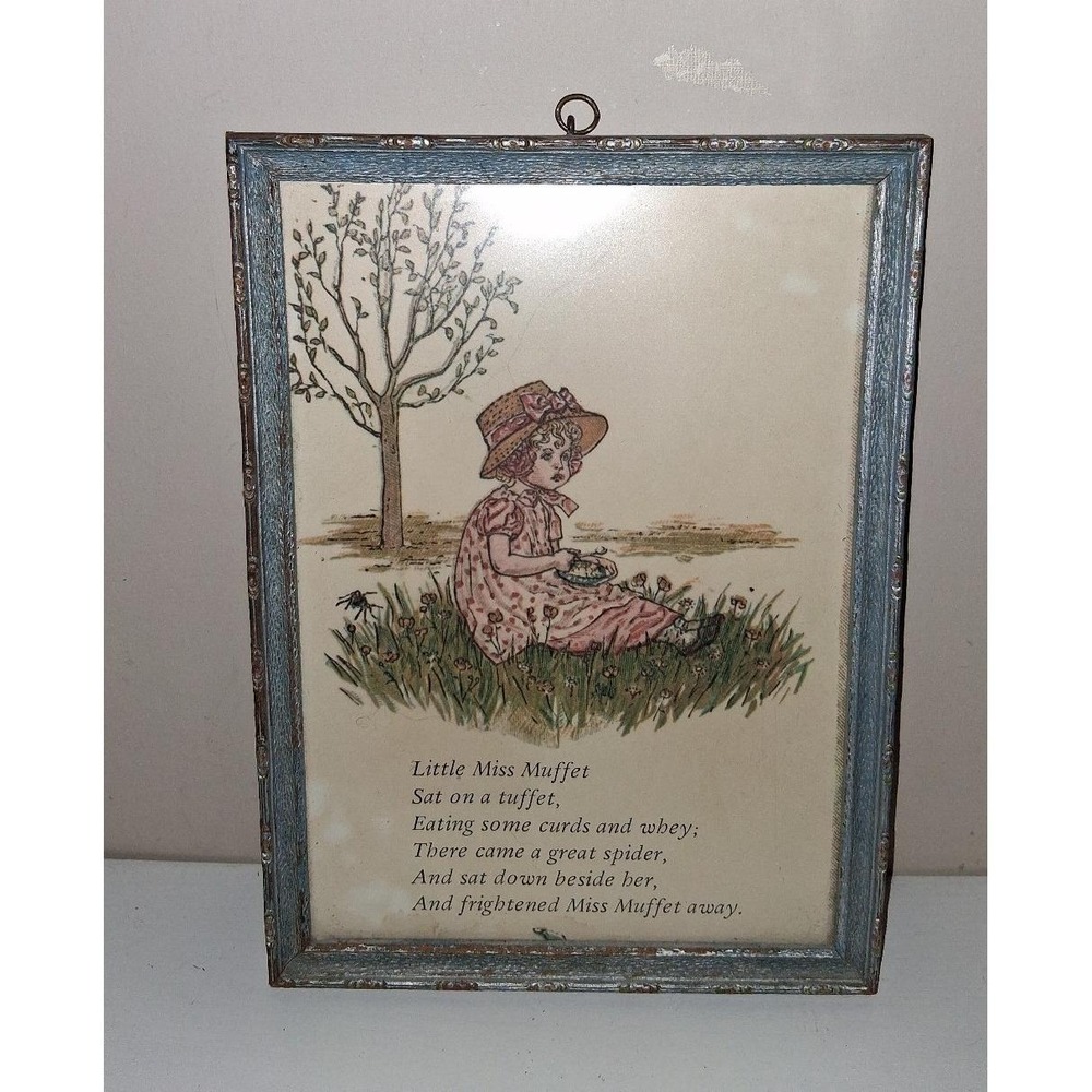 Vintage Little‎ Miss Muffet Nursery Rhyme Print Distressed Blue Wood Frame